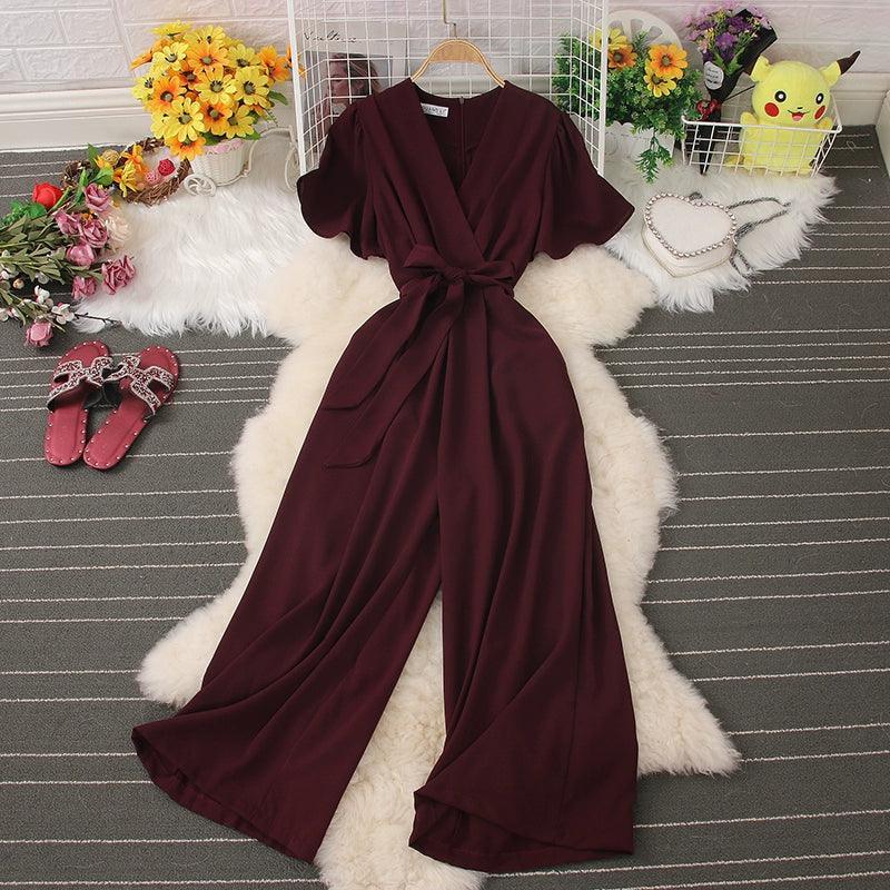 Korean INS V-Neck Tie Waist Jumpsuit for Women - ClubOn