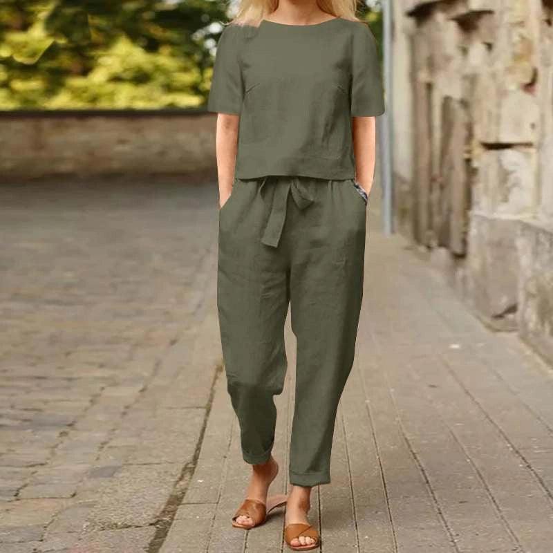 Women’s Cotton and Linen Half-Sleeve Collar Oversized Set - ClubOn