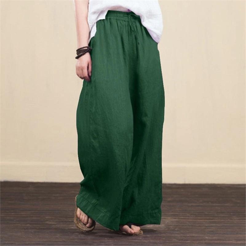 Women's High Waist Wide Leg Pants - Cotton Linen Casual - ClubOn