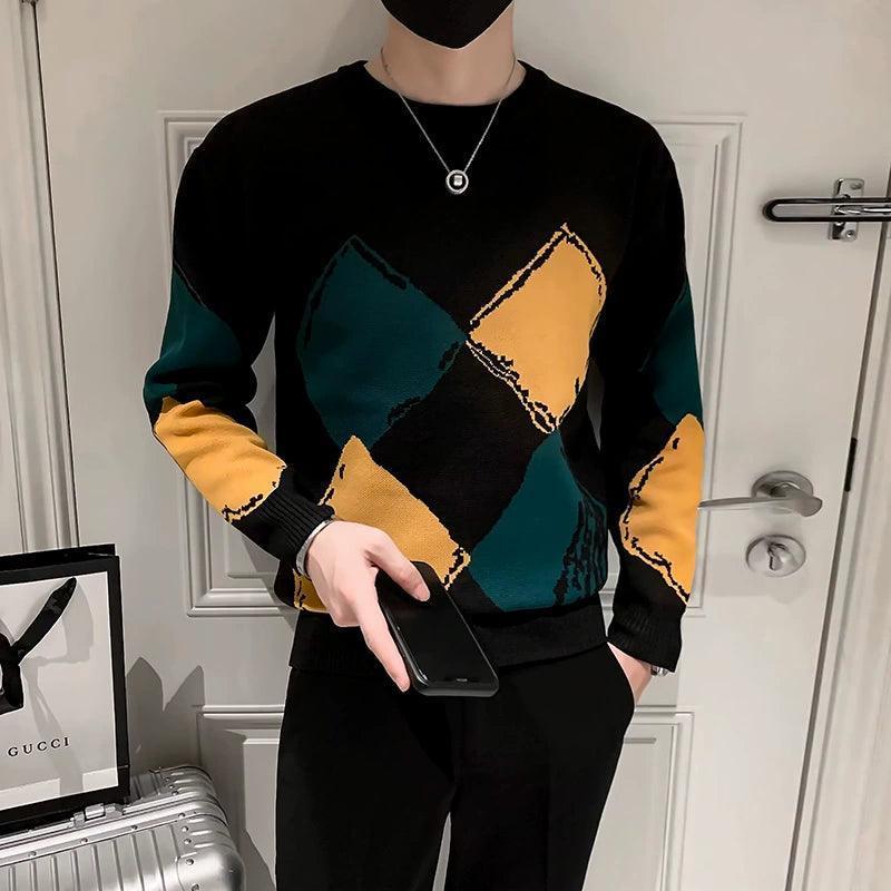 Plaid Round Neck Sweater for Men - High-End Autumn & Winter Knit - ClubOn