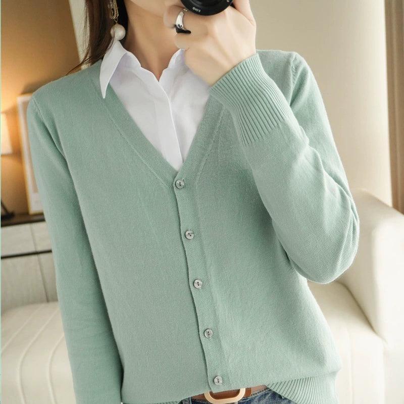 Spring Autumn Women’s Single-Breasted V-Neck Solid Cardigans - ClubOn