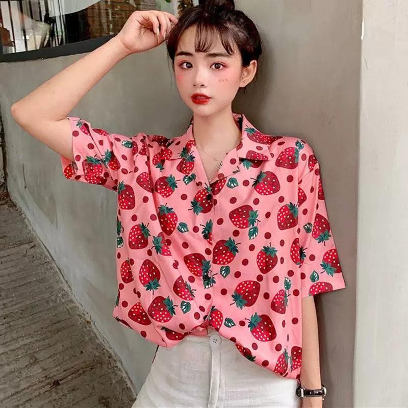 Women’s Summer Strawberry Print Blouse – Casual Holiday Top - ClubOn