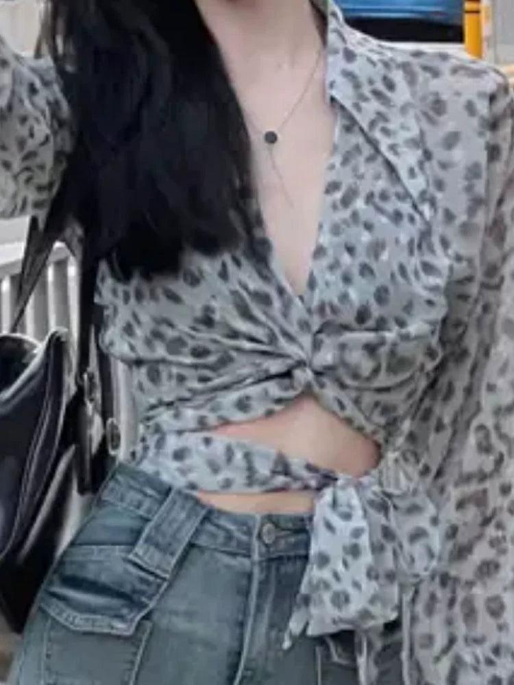 Hong Kong Retro Cross-Strap Leopard Print Shirt for Women - ClubOn