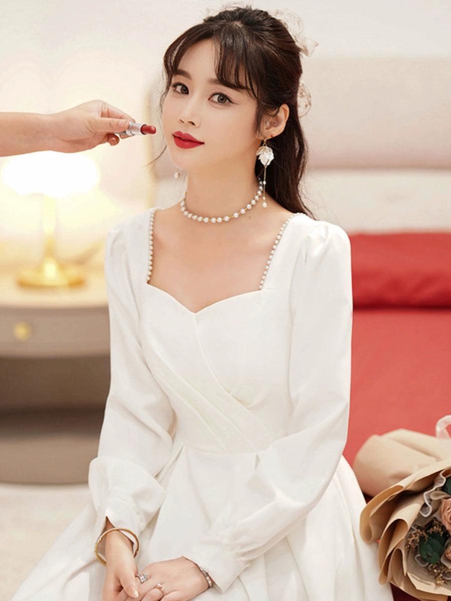 Simple White Dress for Registration - Petite Bride Engagement Dress, Light Wedding Dress, Everyday Wear, Midi Length - ClubOn