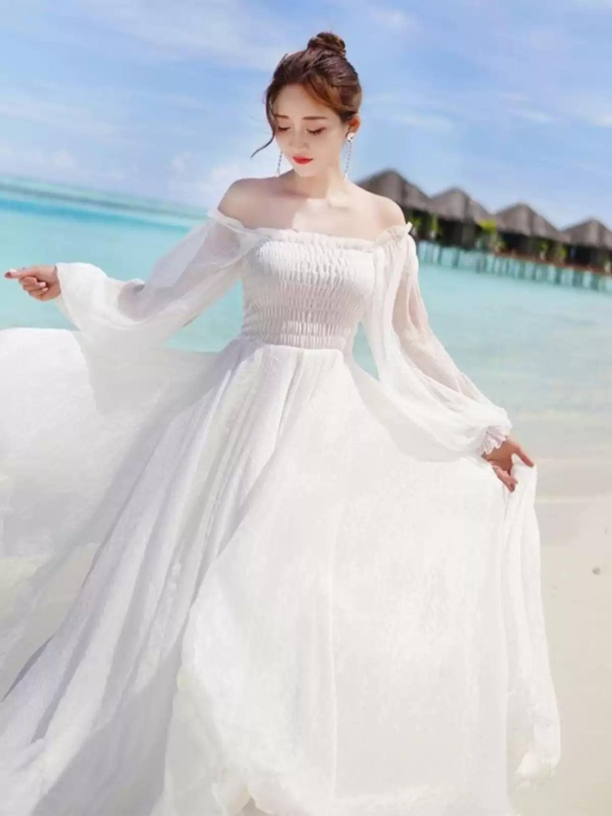 Resort Dress, White Off-Shoulder Chiffon Beach Long Dress - ClubOn