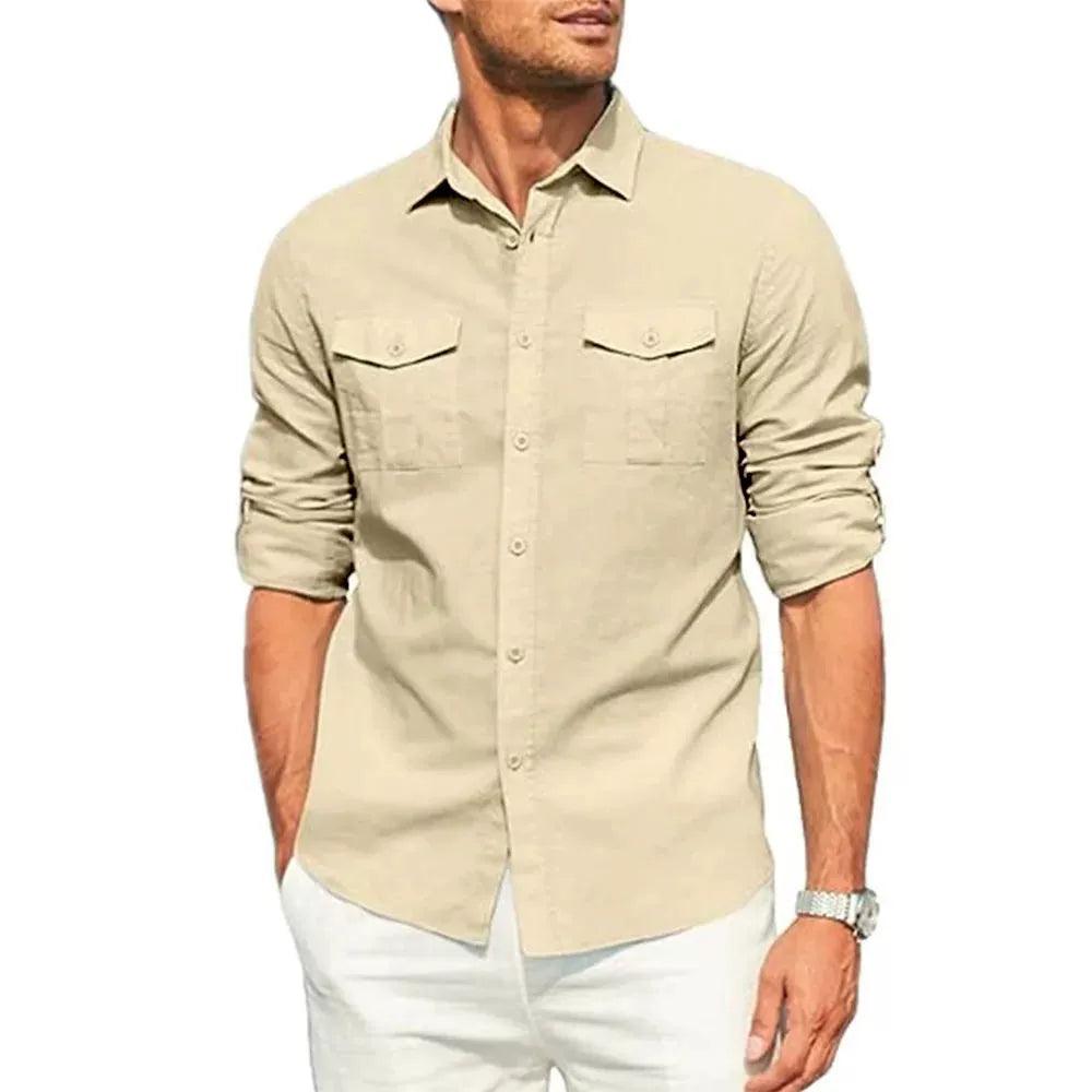 Men's Shirt Double Pocket Cotton Linen Long Sleeve Casual Shirt - ClubOn