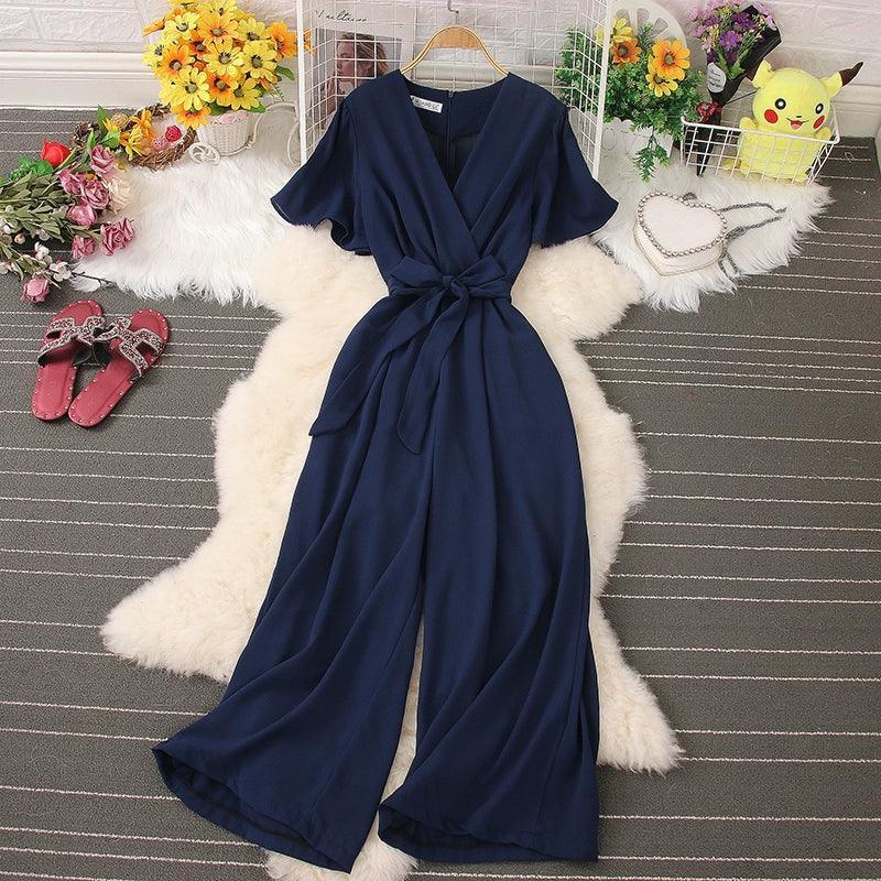 Korean INS V-Neck Tie Waist Jumpsuit for Women - ClubOn