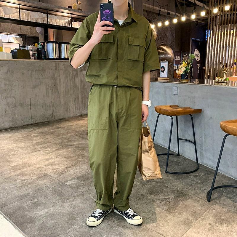 Men’s Retro Workwear Jumpsuit – Short Sleeve Belted Nine-Point Pants - ClubOn