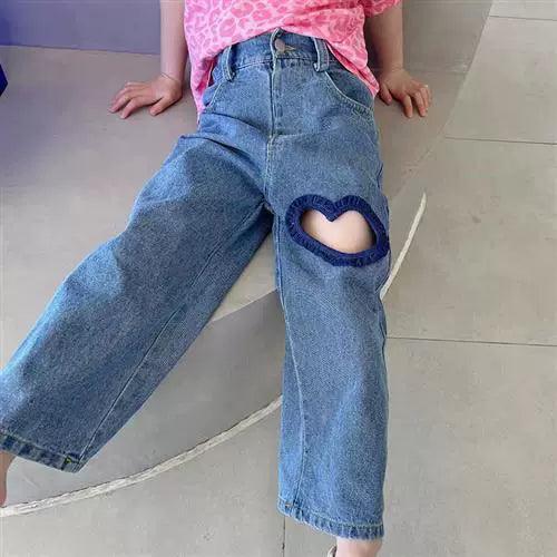 Spring & Summer Girls' Soft Denim Jeans - Elastic Waist with Heart Design - ClubOn