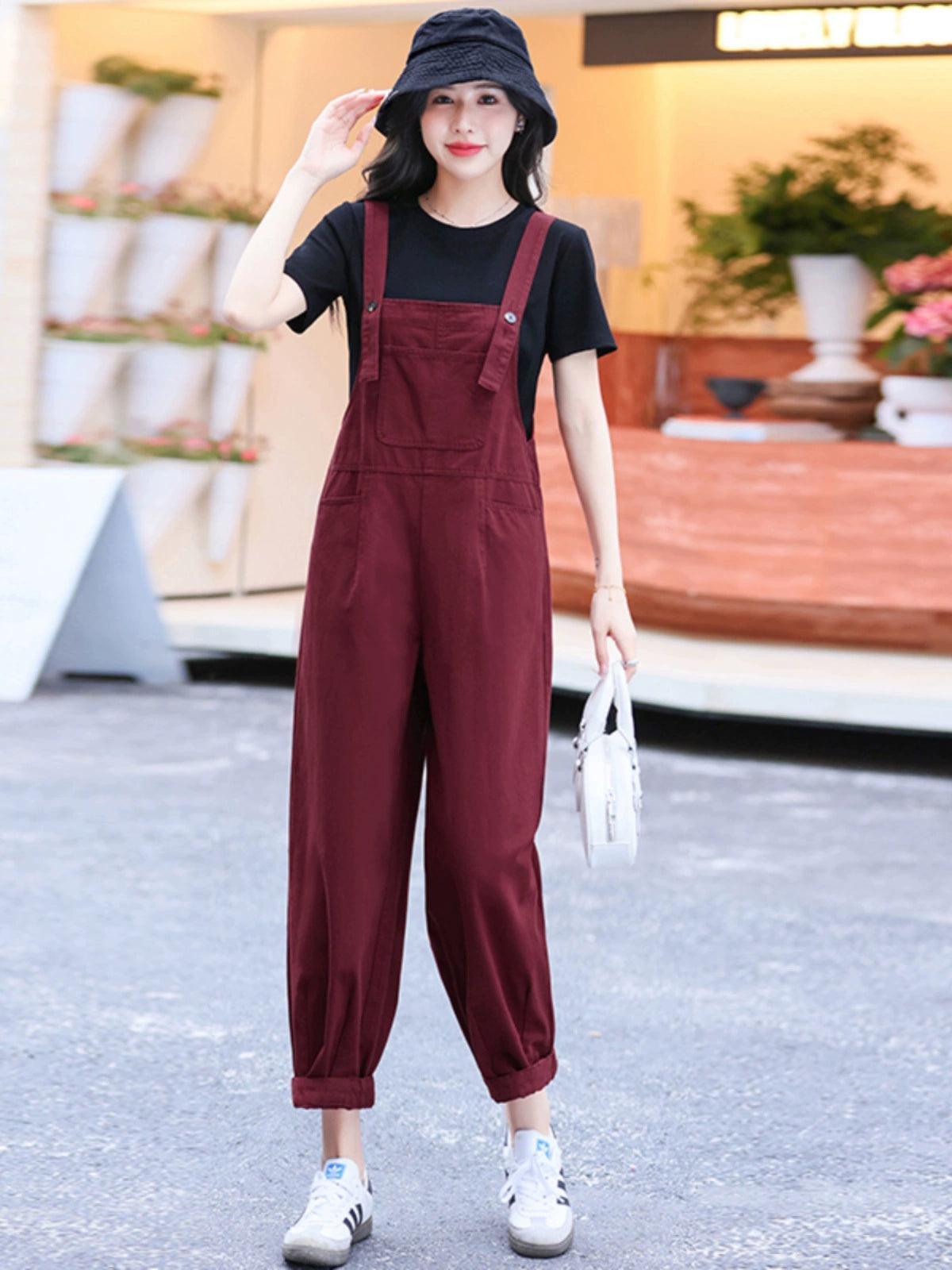 Fashionable Retro Red Denim Overalls for Women - ClubOn