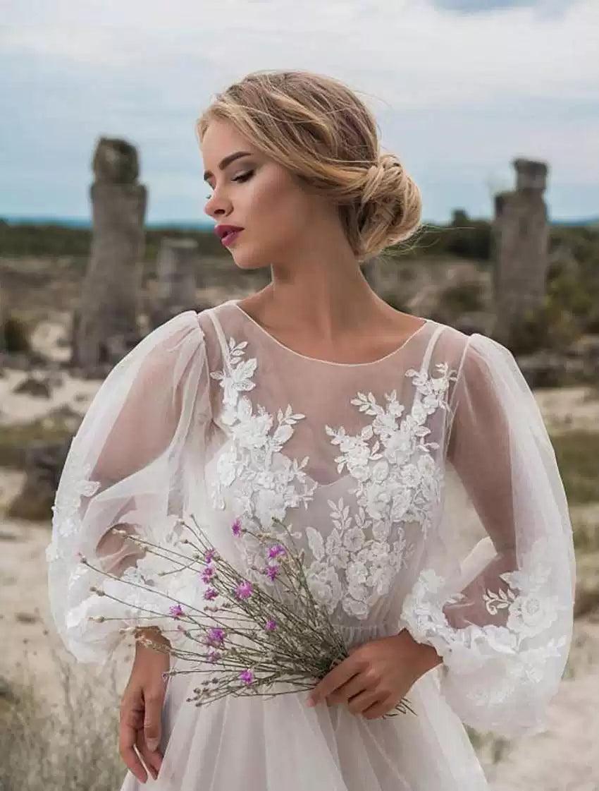 Wedding Gauze Sexy Dress - Round Neck Puff Sleeve Embroidered Mesh Dress, New Bridal Photoshoot Gown - ClubOn