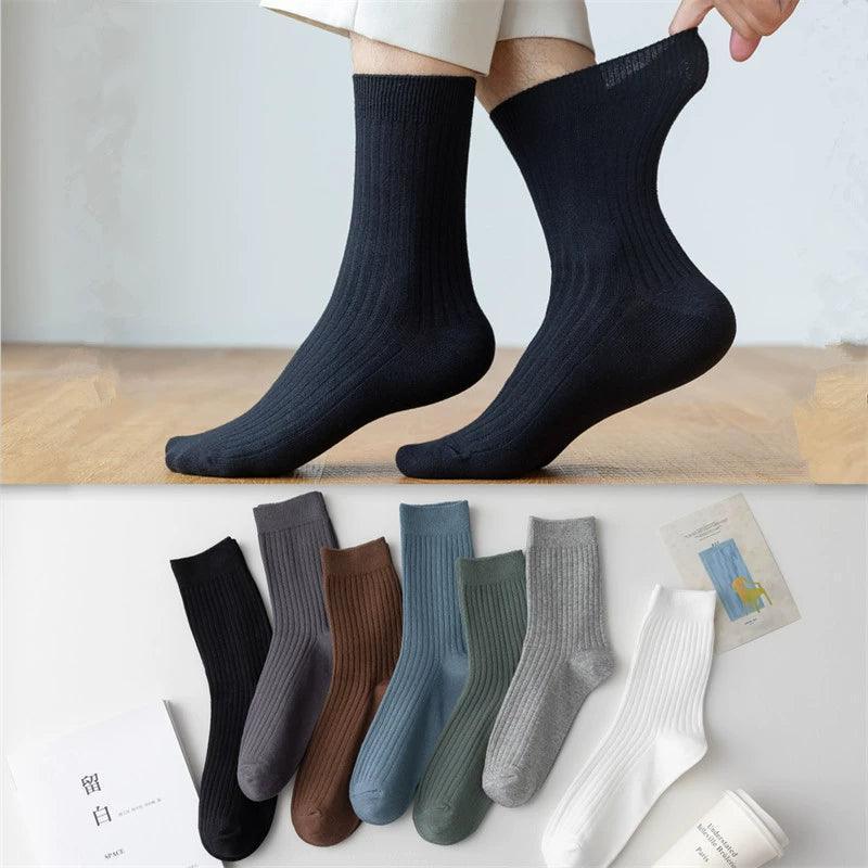 Pure Solid Color Cotton Double Needle Middle Tube Socks – Combed Cotton Striped Men’s Socks for Autumn & Winter - ClubOn