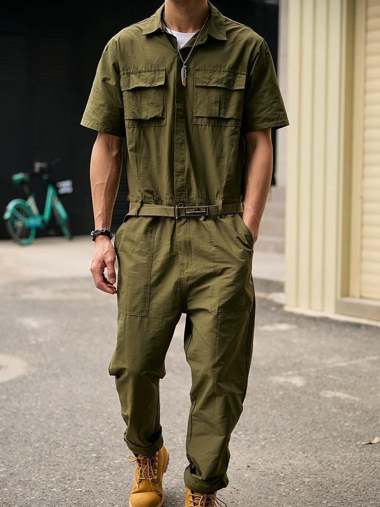 Men’s Retro Nostalgic Workwear Jumpsuit – Summer Thin One-Piece, Short-Sleeved Suit - ClubOn