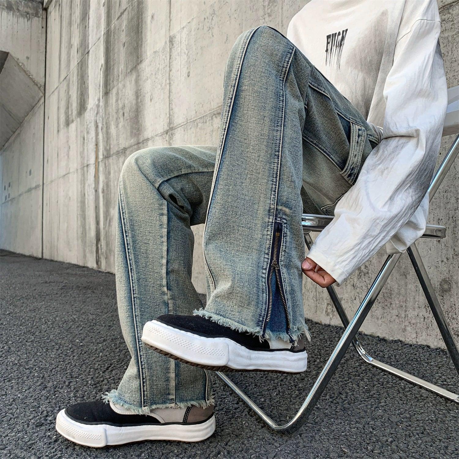 Workwear Jeans – High Street Vibe Straight Leg Raw Edge Pants - ClubOn