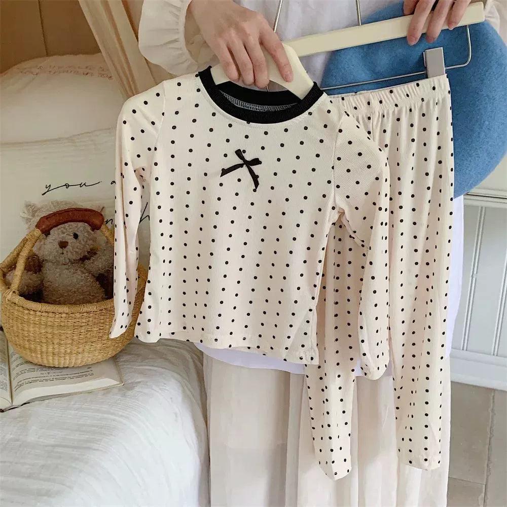 Autumn Winter Girls Pajama Set: Black Bowknot & Dots - ClubOn