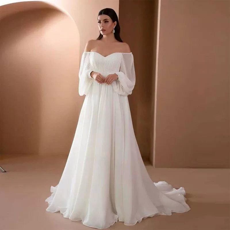 Women’s Elegant Wedding Evening Dress with Puff Long Sleeves, Sexy - ClubOn