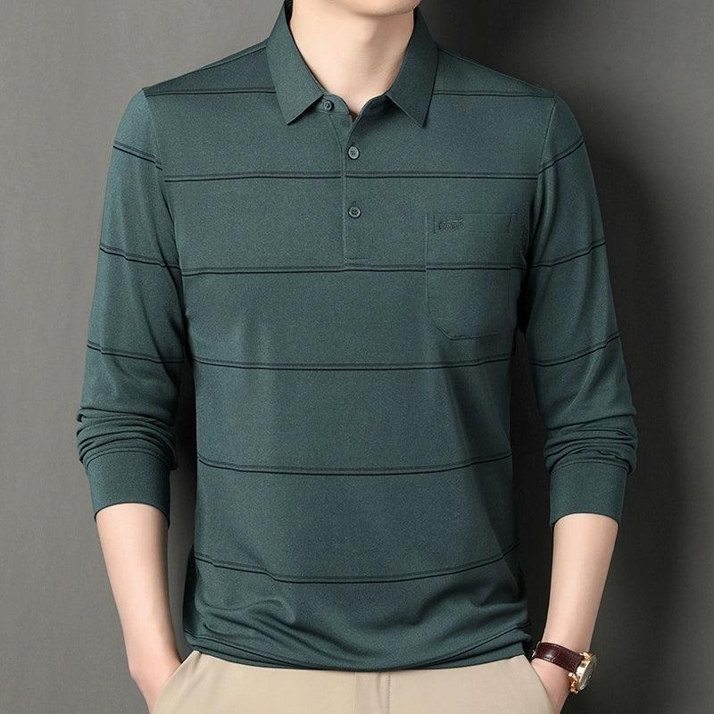 Men’s Long-Sleeved Polo Shirt – Striped Flip Collar Top for Spring & Autumn - ClubOn