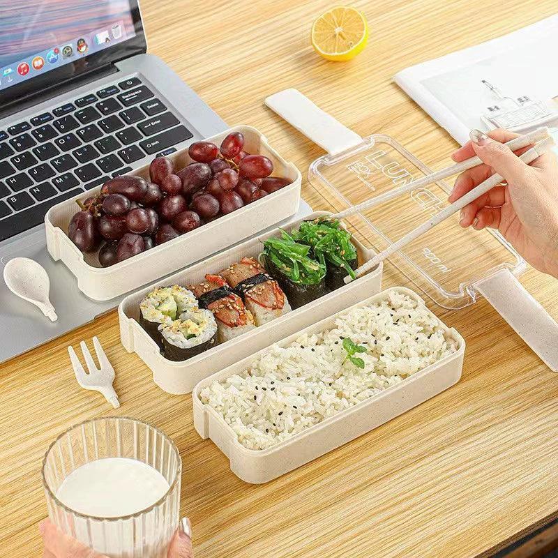 Three-Layer Wheat Straw Plastic Lunch Box with Tableware - ClubOn