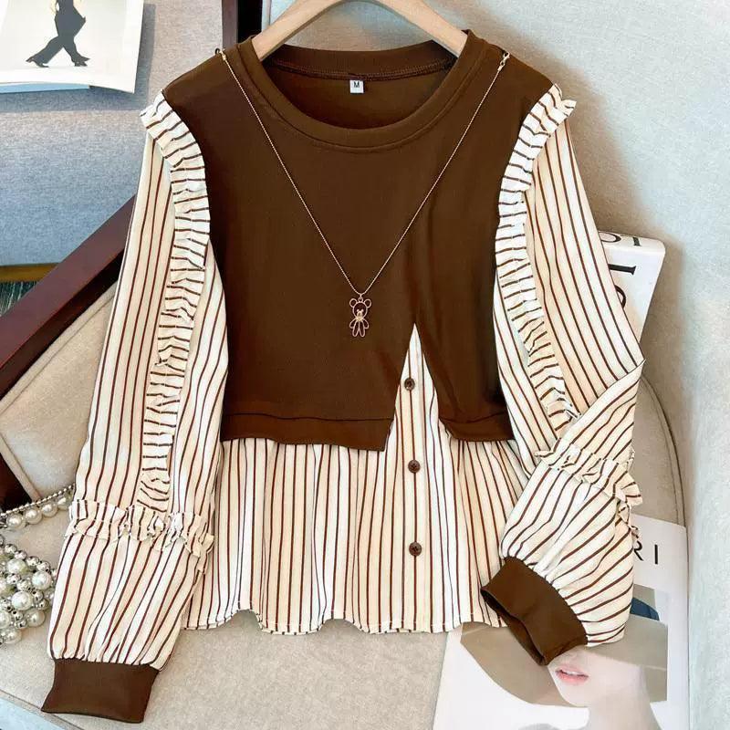 Fashionable Splicing Fake Two-Piece Striped Shirt for Women - ClubOn