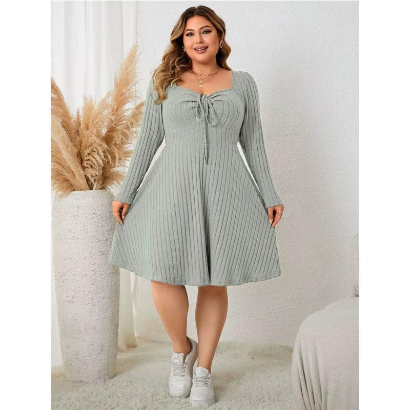 Plus Size Square Neck Long Sleeve Dress - XL-4XL Women's Skirt - ClubOn