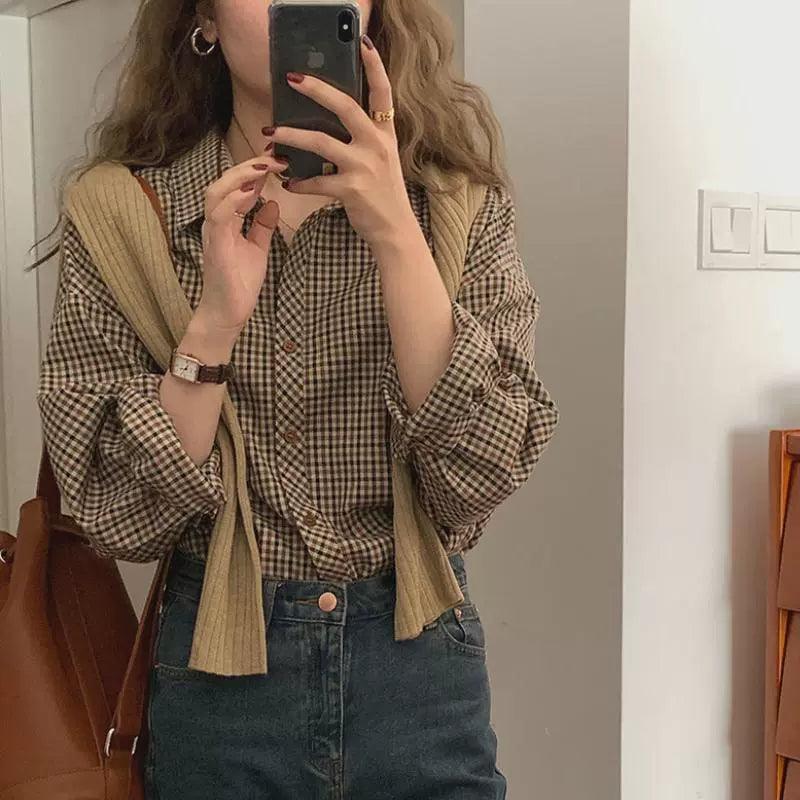 Plaid Shirts Women – Retro Turn-Down Collar Blouses, All-Match Style - ClubOn
