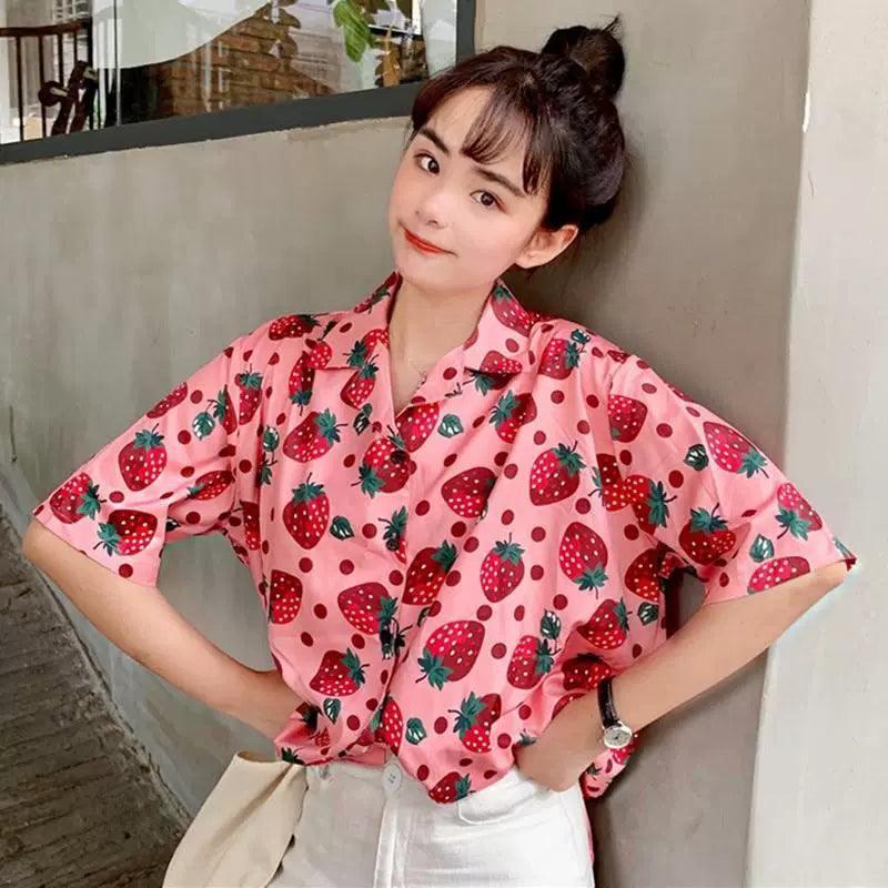 Women’s Summer Strawberry Print Blouse – Casual Holiday Top - ClubOn