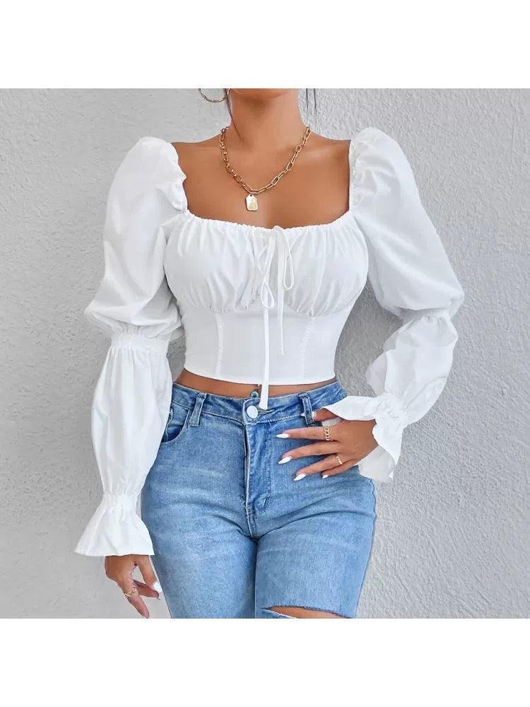 Slim Blouses Women Bow Backless Puff Long Sleeve Crop Top - ClubOn