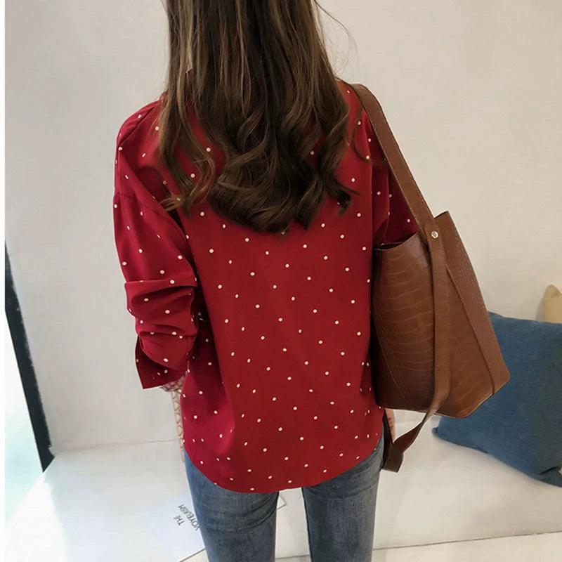 Dots Shirt Women Top Casual V-Neck Long Sleeves Blouses - ClubOn
