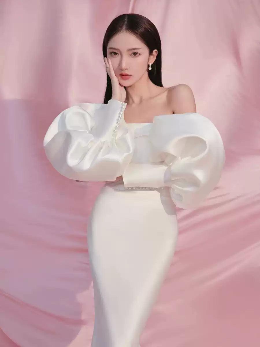 Simple Waist-Cinching Mermaid Puff Sleeve Satin Wedding Dress - ClubOn
