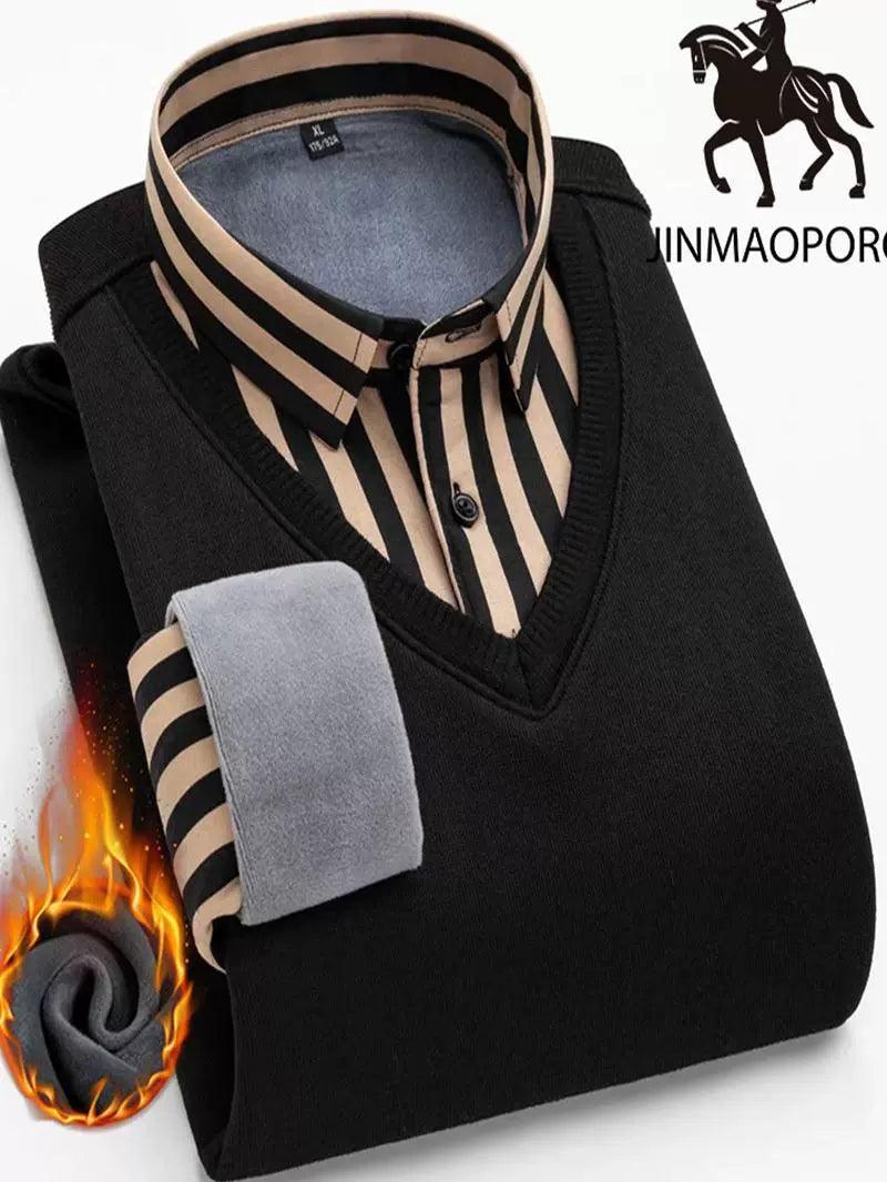 Paul Men's Autumn & Winter Plus Velvet Striped Sweater - Thickened Pullover - ClubOn