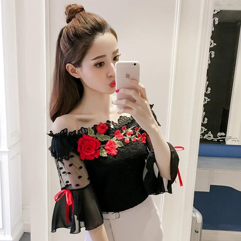New Summer Women's Shirt, Sweet Floral Lace Blouse Flare Sleeve - ClubOn