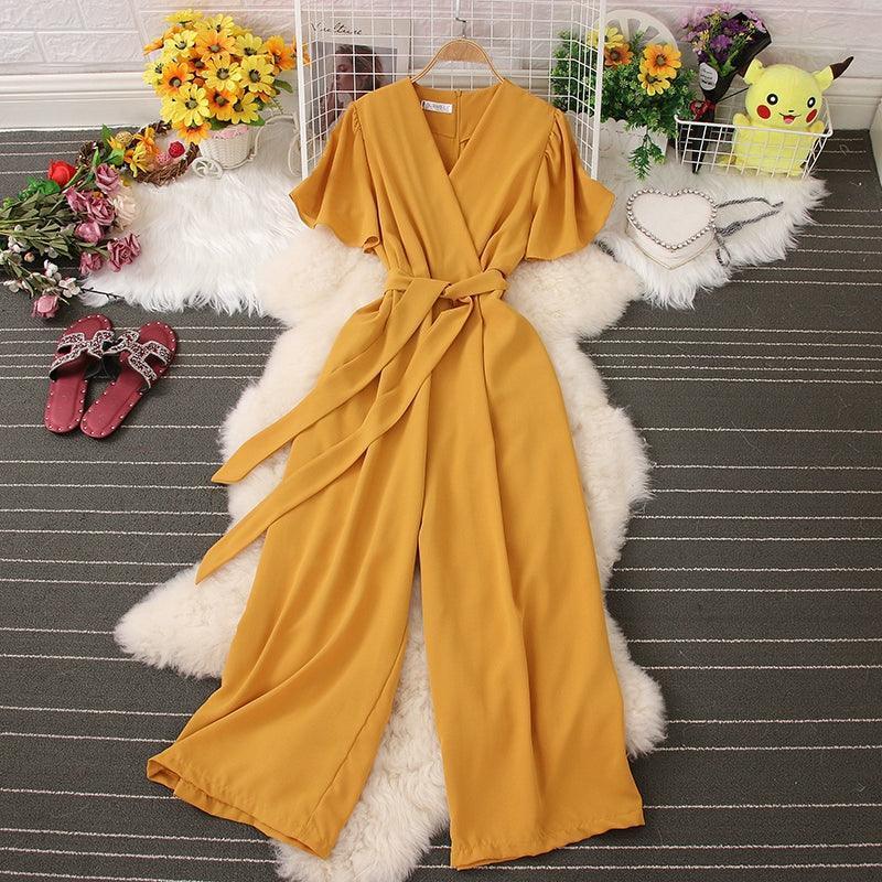 Korean INS V-Neck Tie Waist Jumpsuit for Women - ClubOn