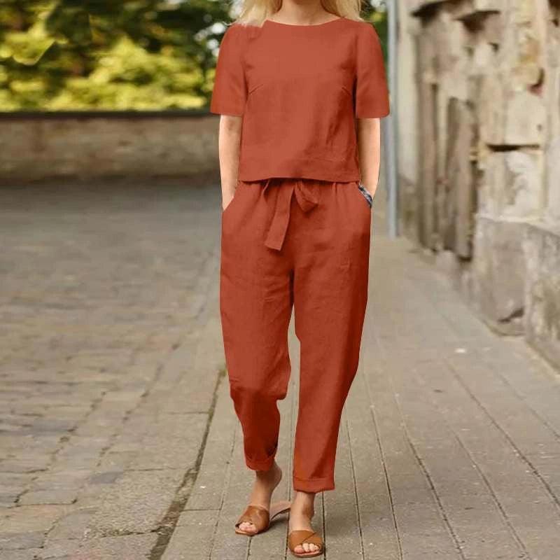 Women’s Cotton and Linen Half-Sleeve Collar Oversized Set - ClubOn