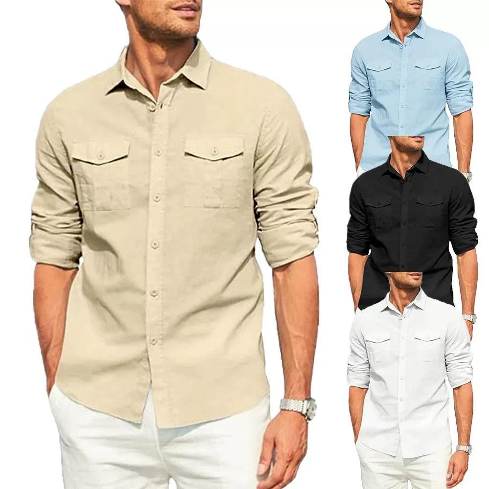 Men's Shirt Double Pocket Cotton Linen Long Sleeve Casual Shirt - ClubOn