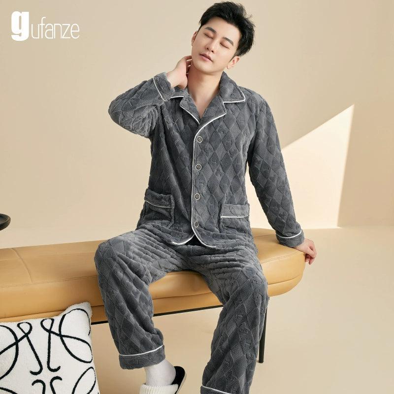 Pajamas – Men’s Flannel Thickened Velvet Coral Fleece Suit - ClubOn