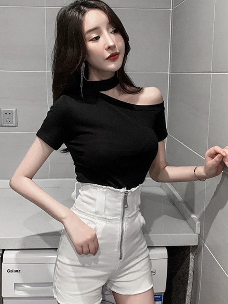Off-Shoulder Halter Neck Hollow Top for Women - ClubOn