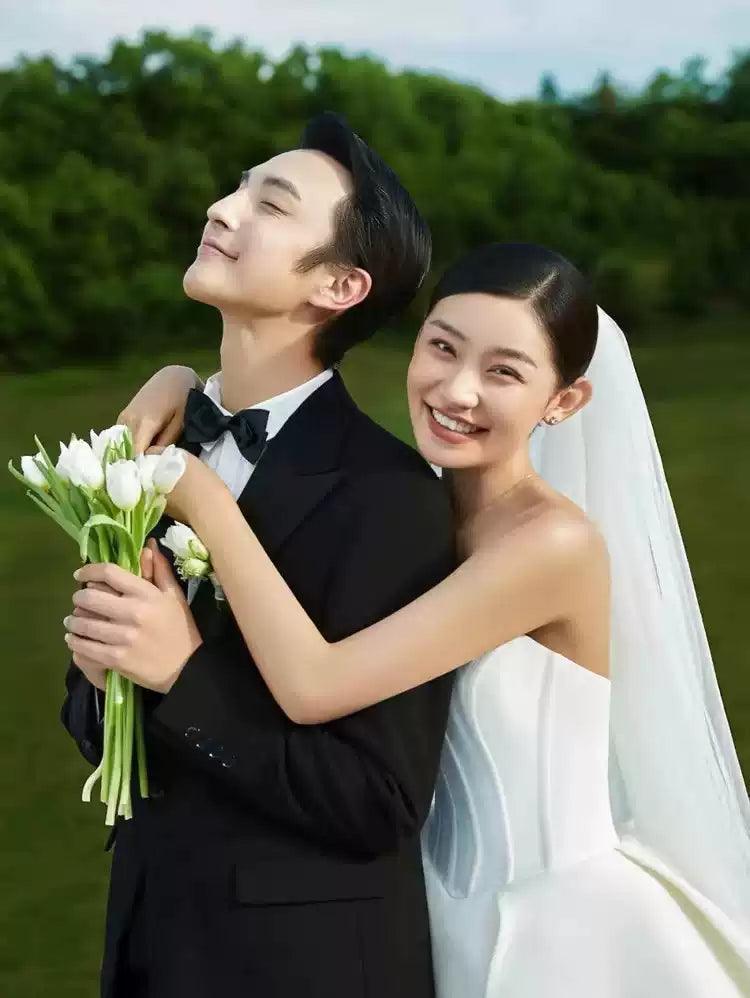 New Bridal Photoshoot Gown - Strapless Outdoor Couple Long Train Satin Wedding Dress - ClubOn