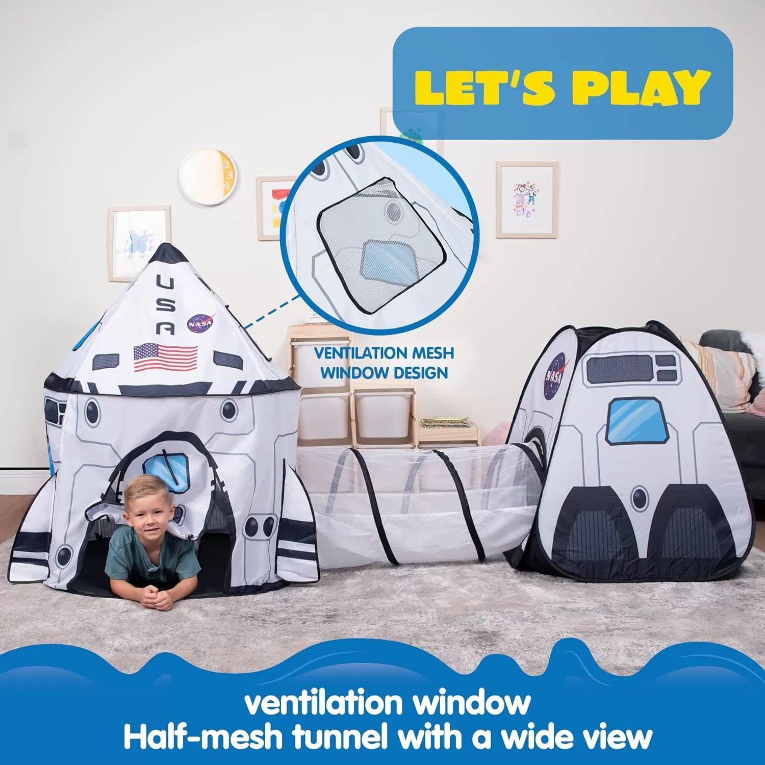 White Rocket Ship Pop-Up Play Tent & Tunnel Set for Kids - ClubOn