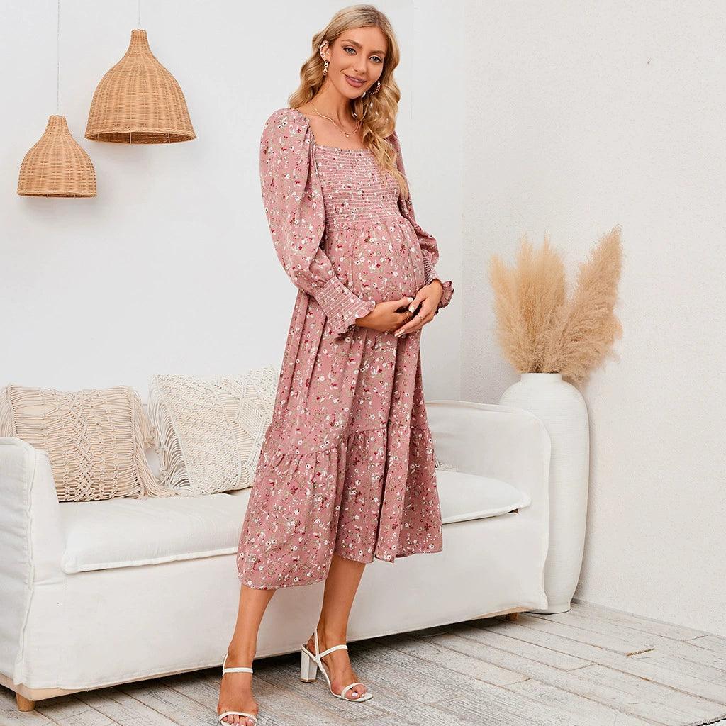 Pregnant Women's Long Dress – Small Fragmented Flower Design - ClubOn
