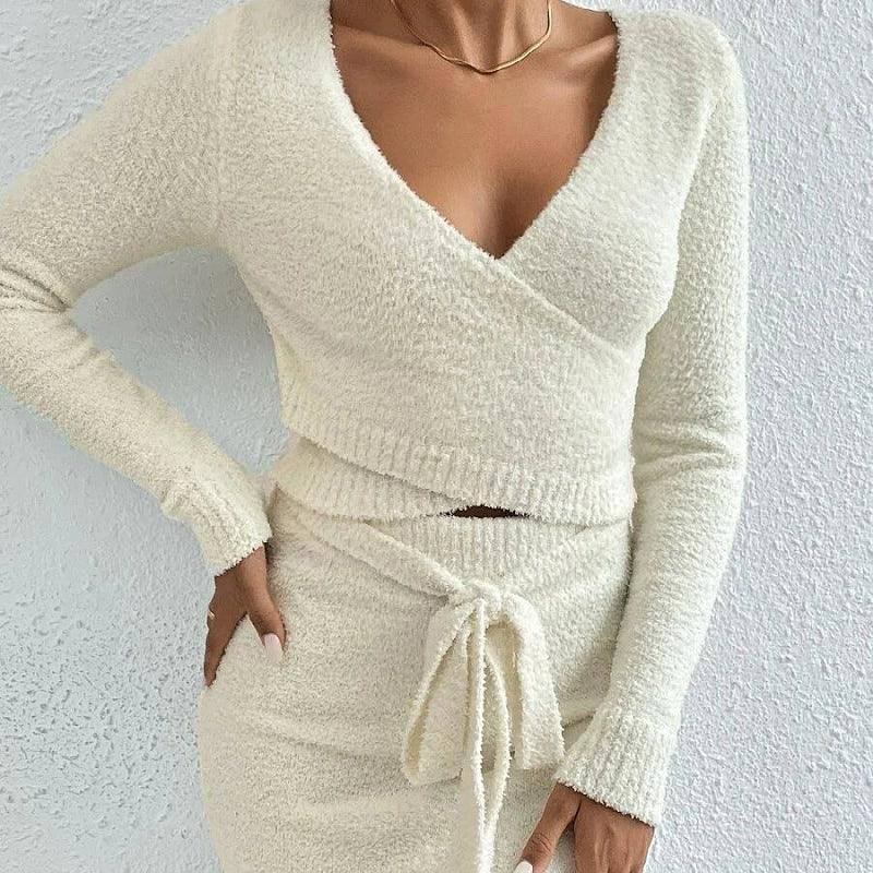 Women’s Knitted Solid Color Top and Skirt Two-Piece Set - ClubOn