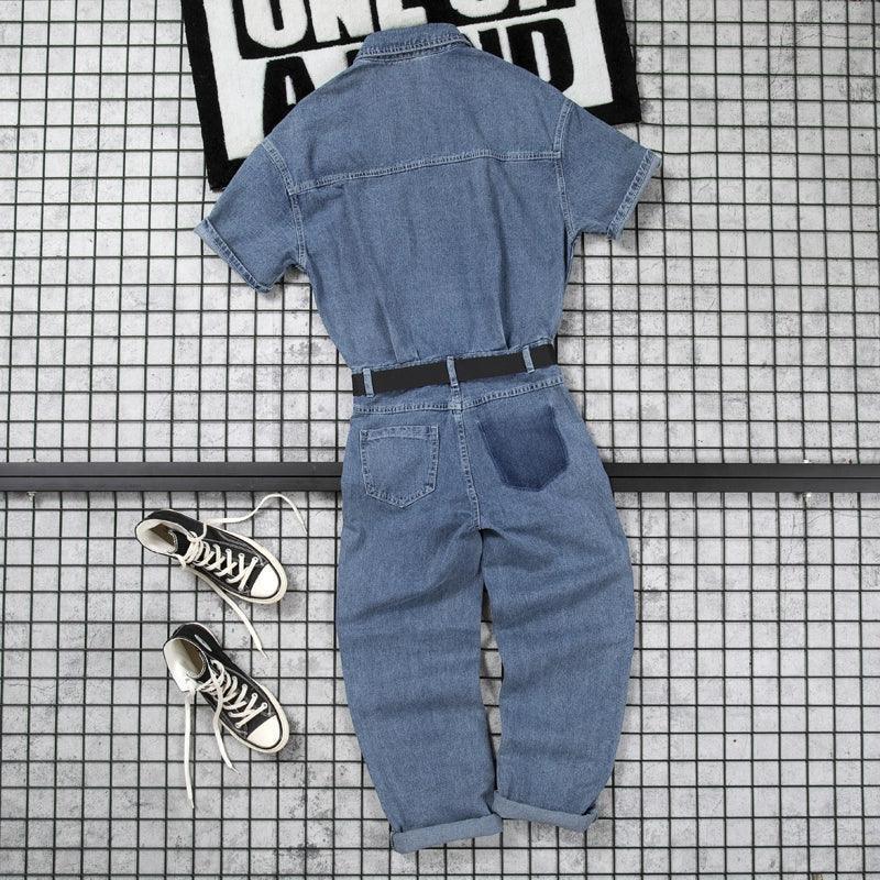 Men’s Spring & Summer Workwear Jumpsuit – Trendy Solid Color Denim One-Piece - ClubOn