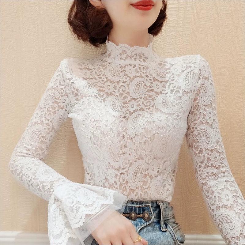 Lace Bottoming Shirt with Mesh Ruffled High Collar - ClubOn