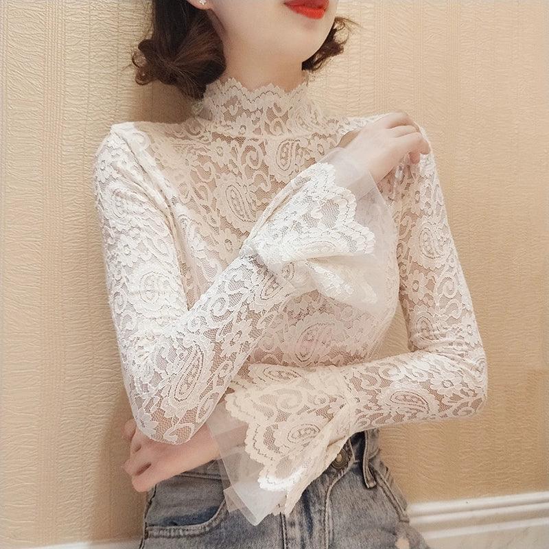 Lace Bottoming Shirt with Mesh Ruffled High Collar - ClubOn