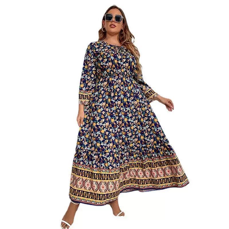 Plus Size Long Sleeve Floral Cotton Dress - Women's Fashion - ClubOn