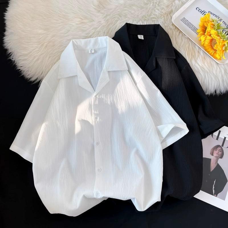 Men’s Pleated Ice Silk Shirt – Japanese Loose Fit Cuban Collar Short-Sleeve Cool Summer Top - ClubOn