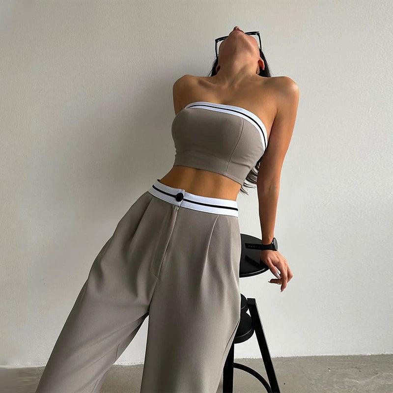 Women’s Sexy Two-Piece Set - Contrast Color Vest & Wide Leg Pants - ClubOn
