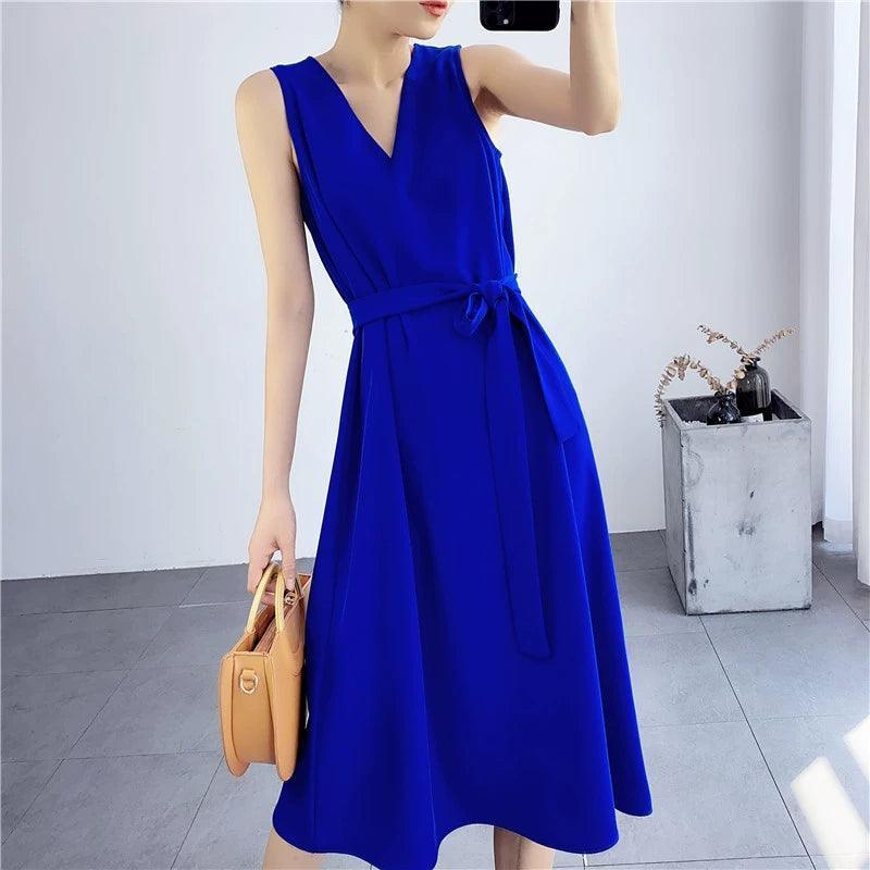 Elegant Summer Sleeveless V-Neck Mid-Length Dress for Women - ClubOn
