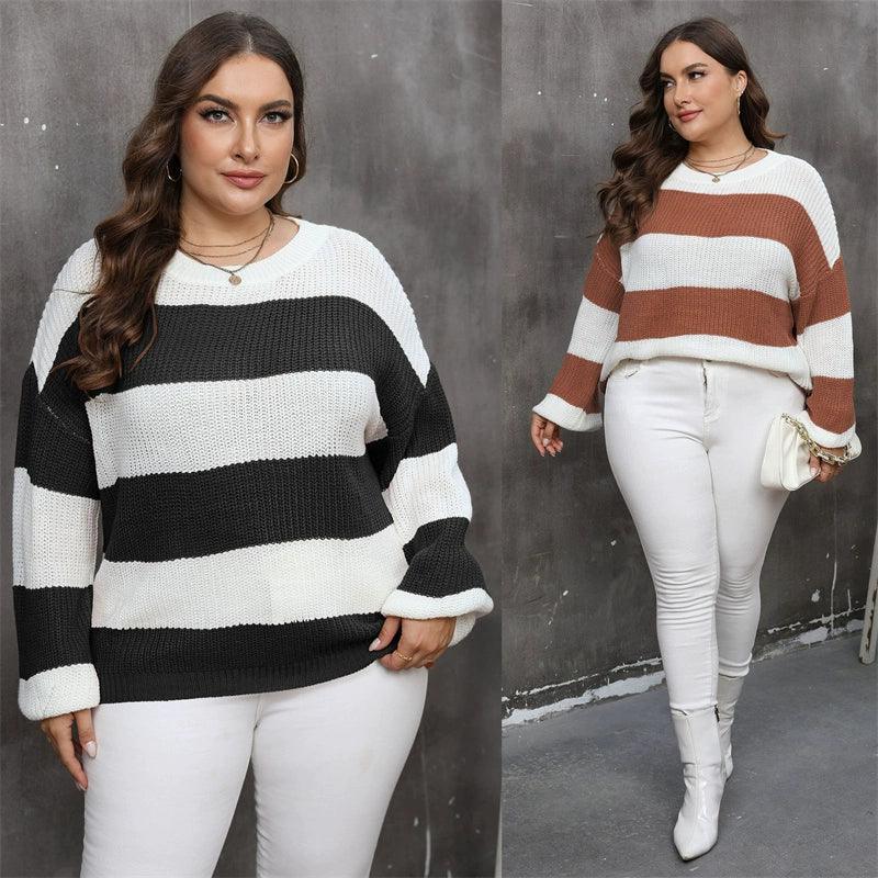 Plus Size Striped Woven Sweater - L-3XL Women's Tops - ClubOn