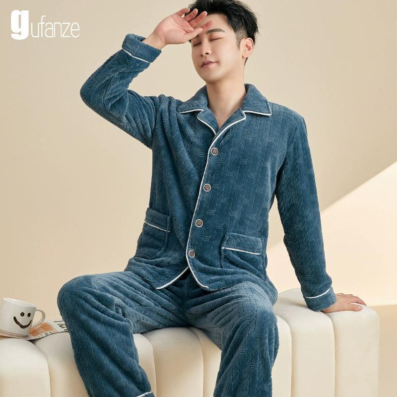 Pajamas – Men’s Flannel Thickened Velvet Coral Fleece Suit - ClubOn