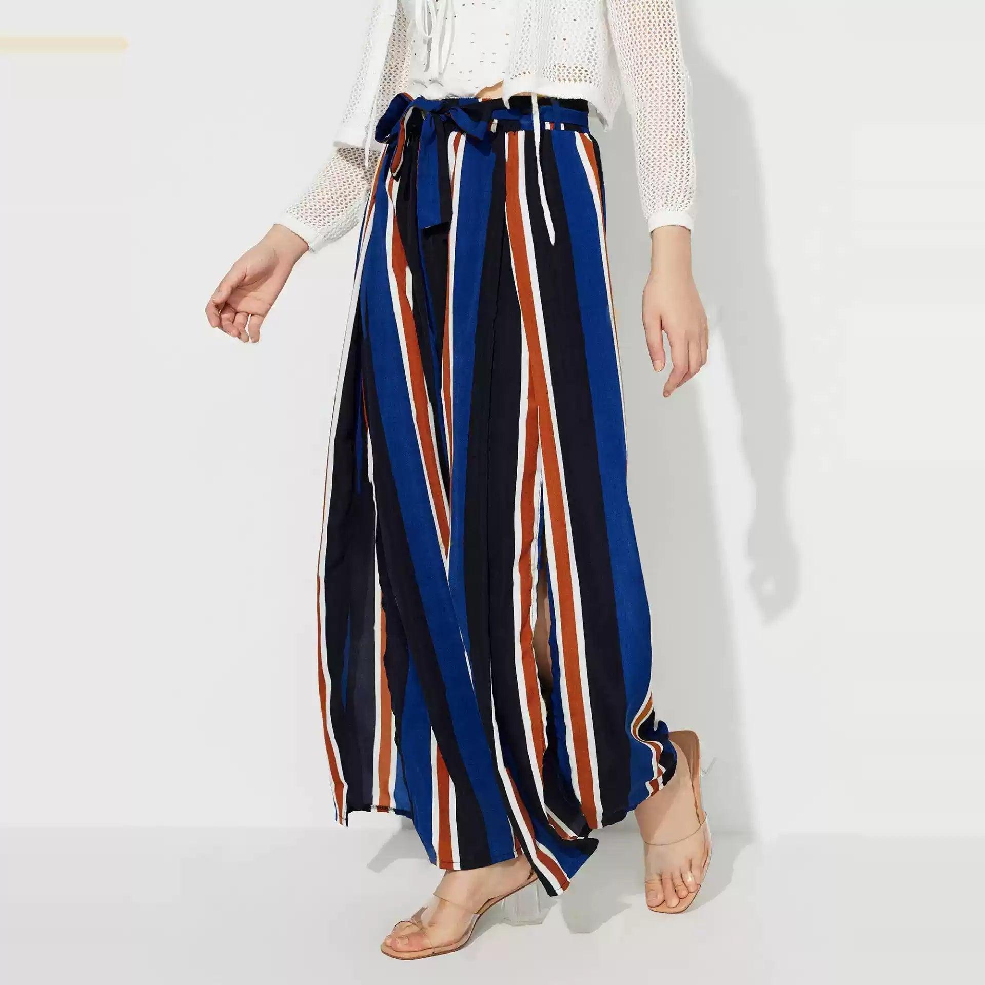 Striped Women’s Pants - Wide-Legged Long Trousers for Ladies - ClubOn